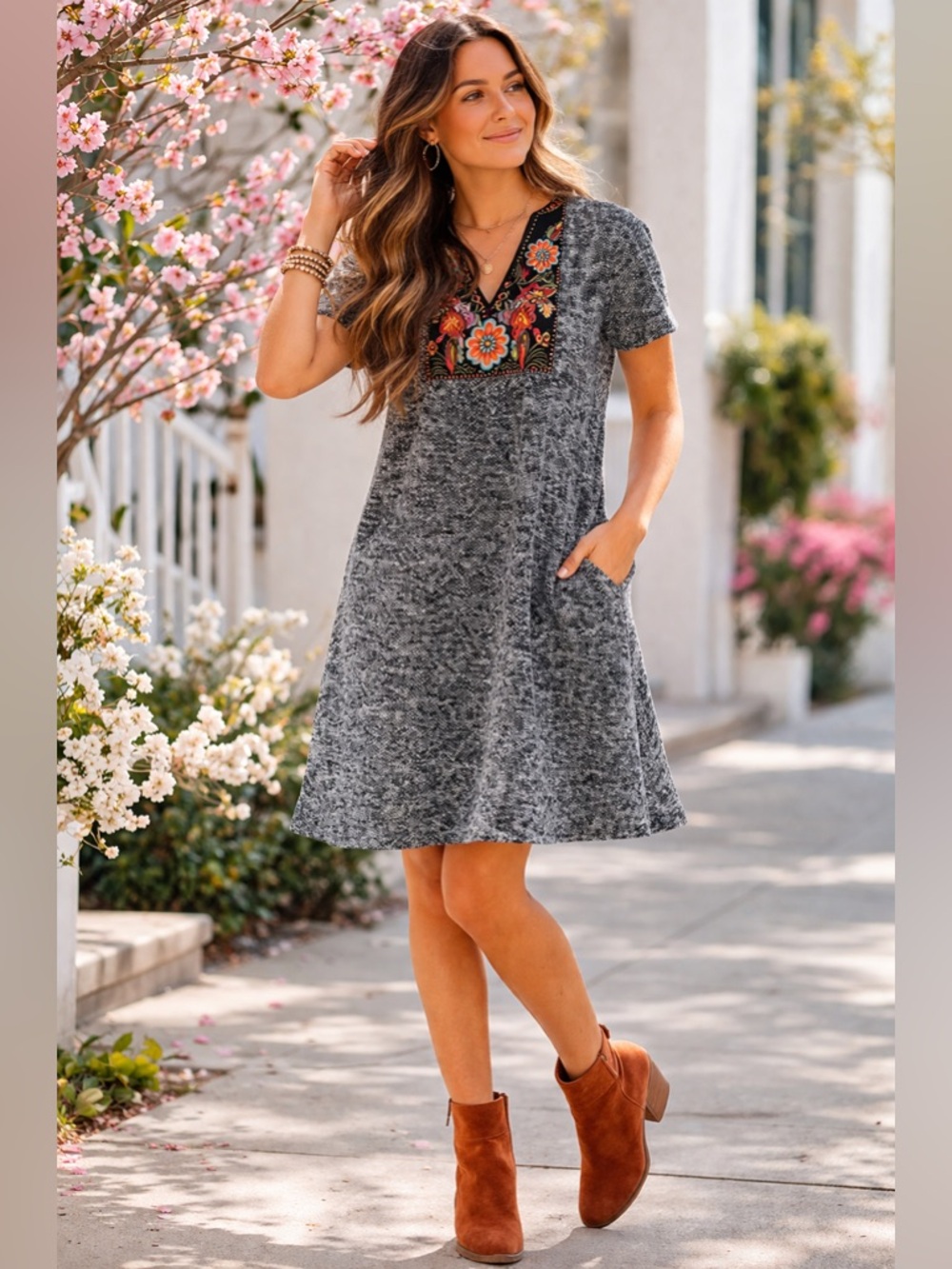 THML Floral Embroidered Gray Knit A-Line Boho Dress